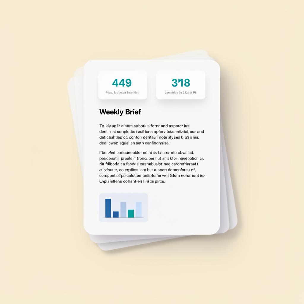 Stacked weekly brief document with KPI tiles