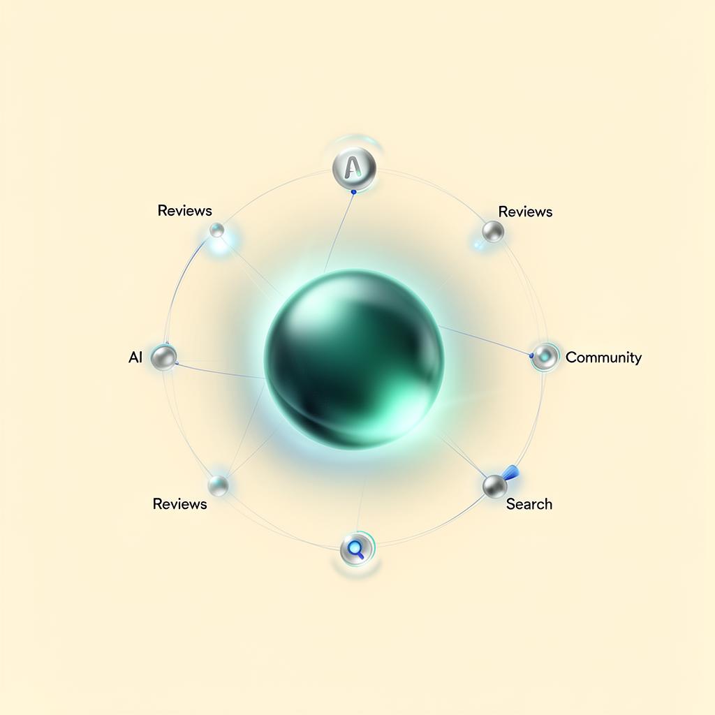 Brand sphere surrounded by orbiting AI, reviews, community, and search source nodes